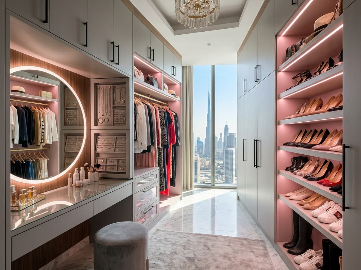 Built-in wardrobe with mirror doors in Dubai apartment